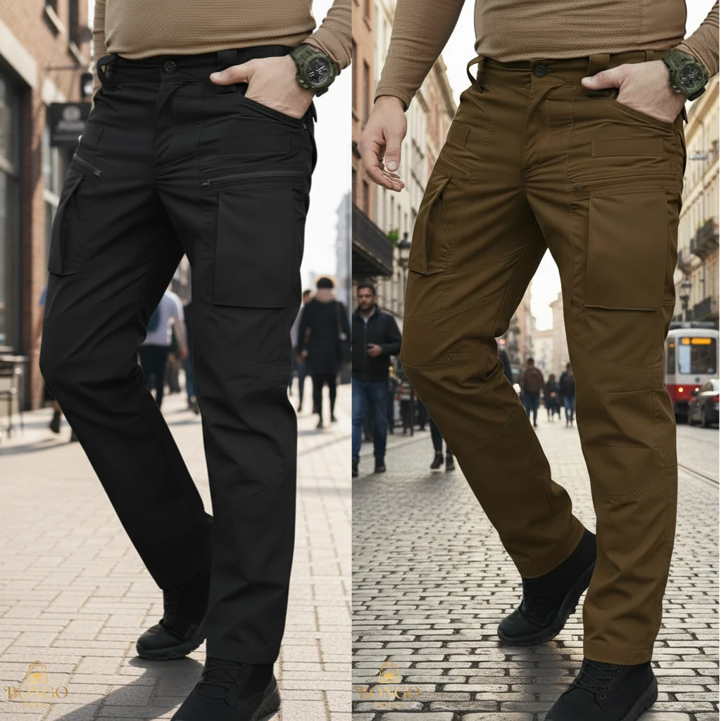 Urban Slim Cargo Pants - Black + Dark Brown 2Pcs (Combo) Urban Slim 8 Pocket Twill Stitch Cargo Gabardine Pants - Black & Dark Brown - Image 1