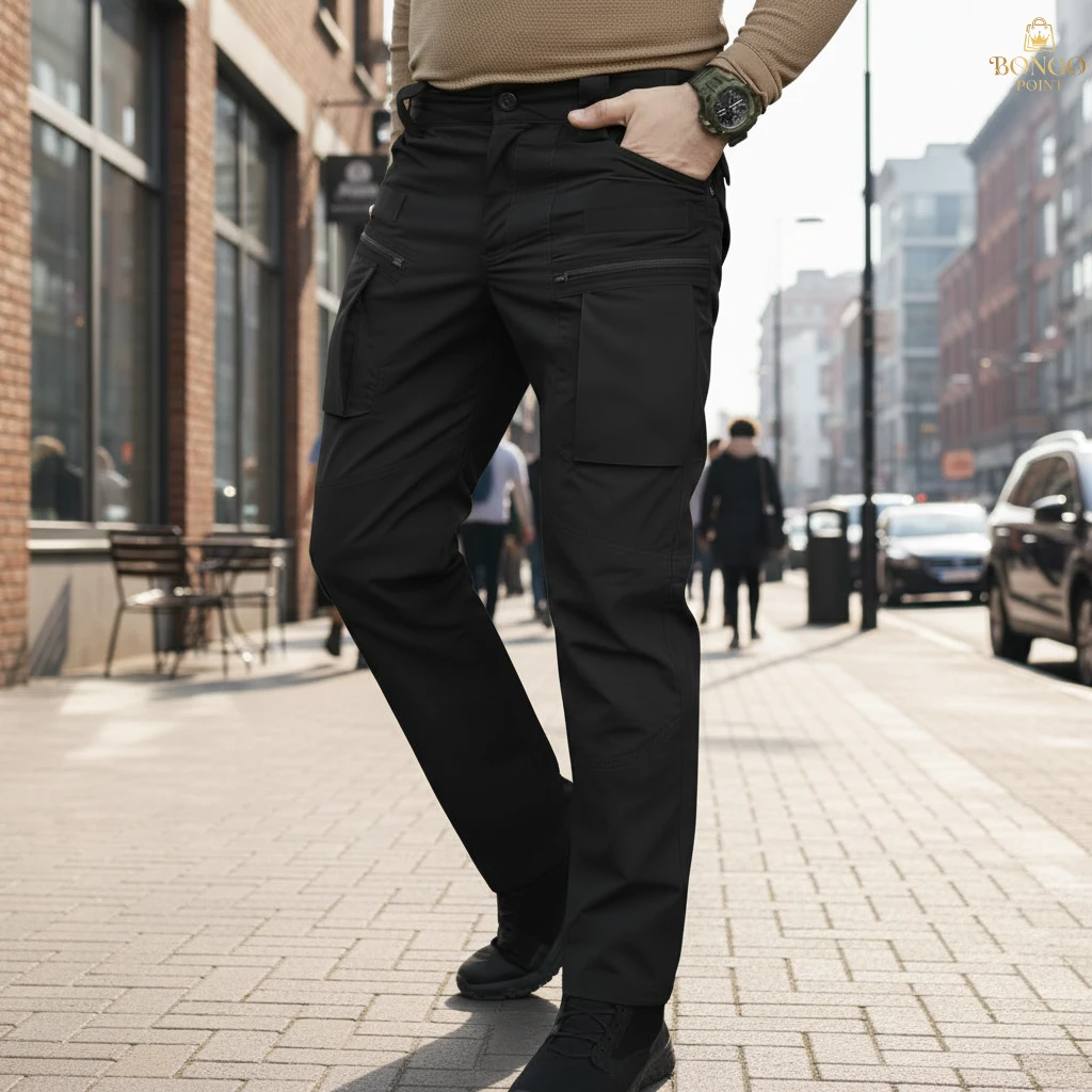 Urban Slim Cargo Pants - Black (Front) Urban Slim 8 Pocket Twill Stitch Cargo Gabardine Pants - Black - Image 1