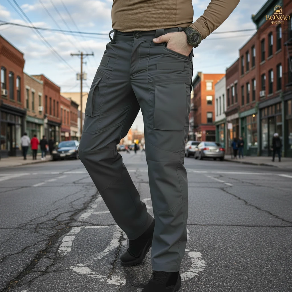Urban Slim Cargo Pants - Grey (Front) Urban Slim 8 Pocket Twill Stitch Cargo Gabardine Pants - Grey - Image 1