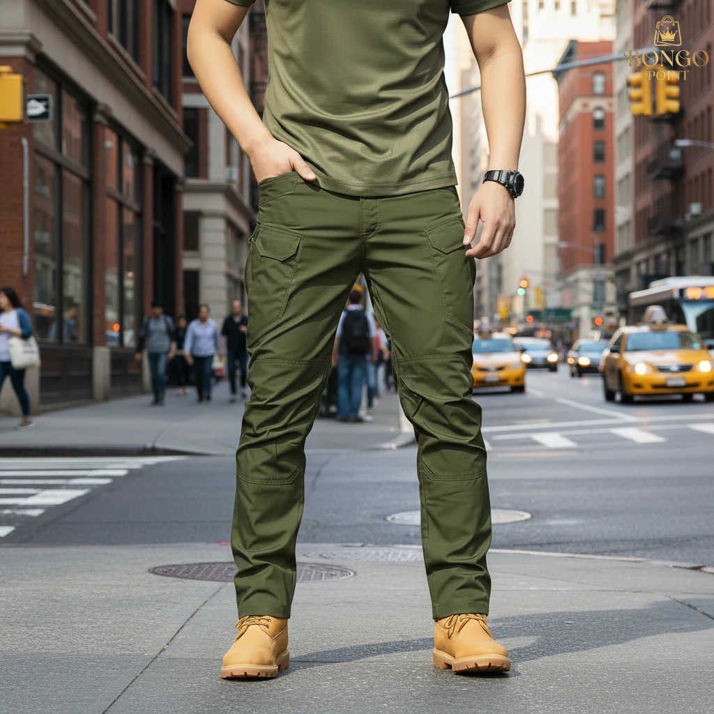 Performance Utility Cargo Pants - Olive (Front) Performance Utility 10 Pocket Twill Stitch Cargo Gabardine Pants - Olive - Image 1