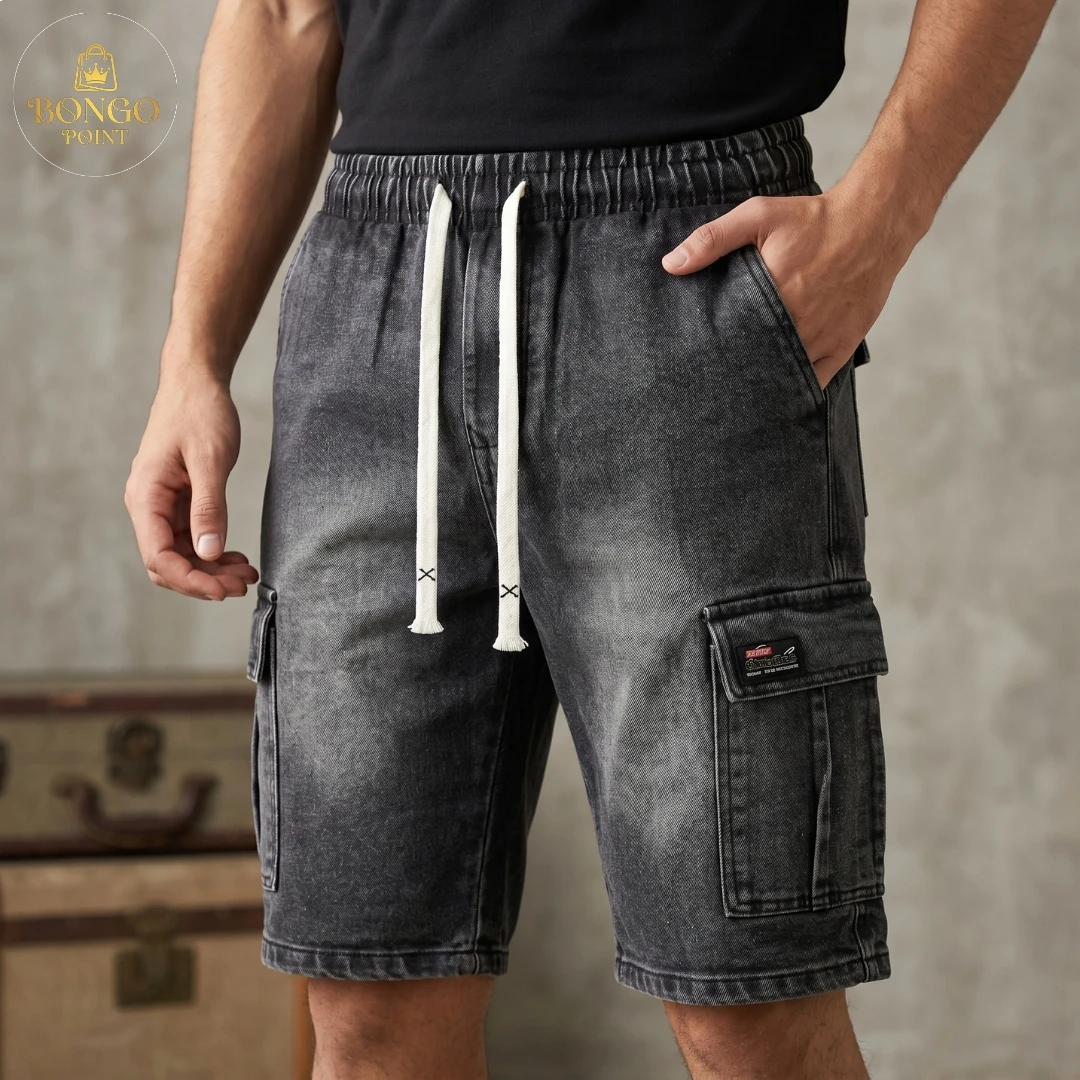 Black-1 Denim Shorts 6 Pocket Cargo Pants - Black - Image 1