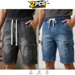 2Pcs (Combo) Denim Shorts 6 Pocket Cargo Pants - Black & Blue