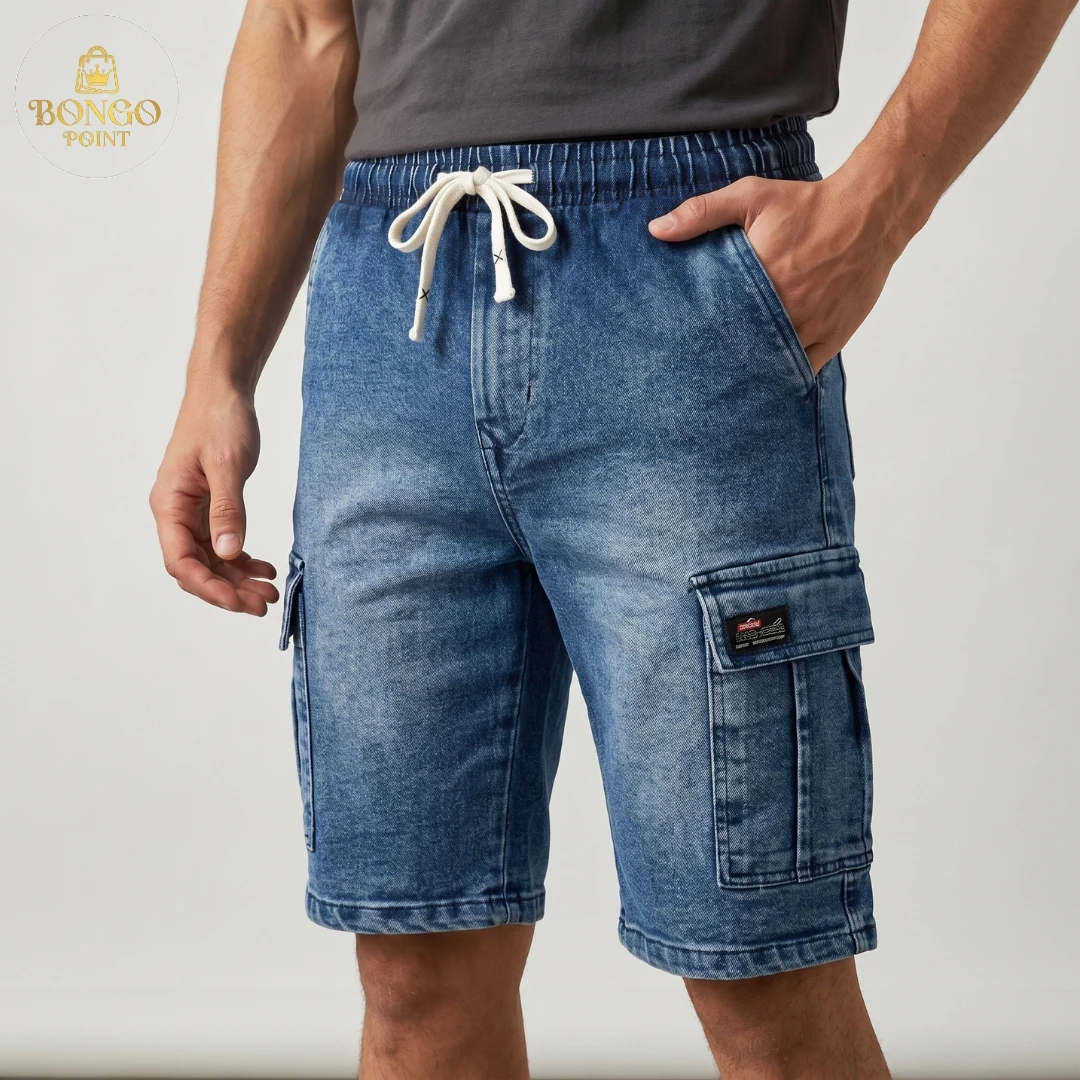 Blue-1 Denim Shorts 6 Pocket Cargo Pants - Blue - Image 1